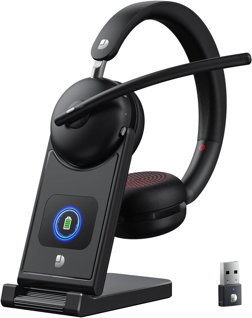 Wireless Headset with Mic for Work-Bluetooth 5.3 Headset with Noise Cancelling, Wireless Headsets with 65Hrs Battery & 10Min Fast Charge, Smart Dock with Digital Display for PC/Computer/Teams (Black)