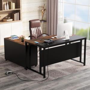 LITTLE TREE 55'' Large Executive Desk with Lateral File Cabinet,Brown