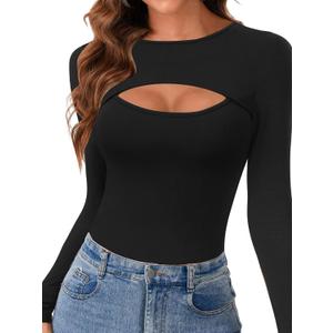 Vrtige Women's Long Sleeve Top Cut Out Front Fitted Sexy Cute Casual Tops Tee Dressy T-Shirt (Black, XL)
