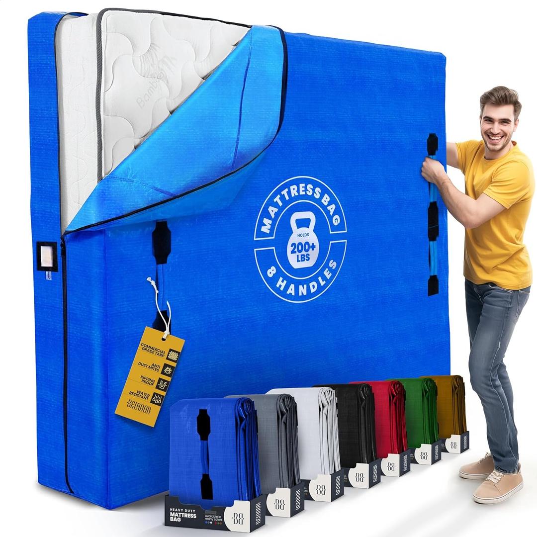 Mattress Bags for Moving with 8 Handles - Queen Size - Extra-Thick Reusable Storage Bag - Mattress Cover for Moving with Zipper, Bag Protector (Blue)