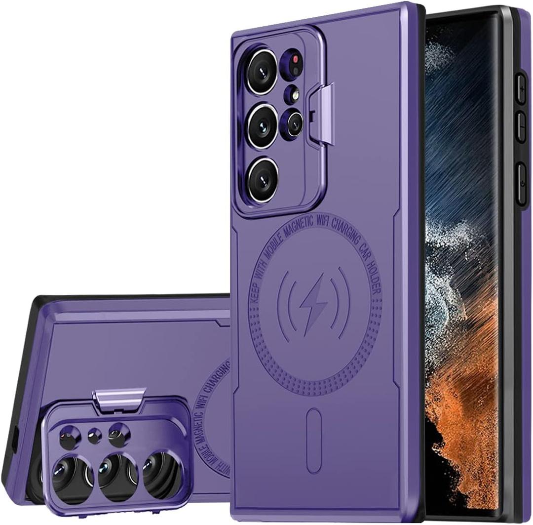 Galaxy S22 Ultra 5G Phone Case,Designed for Samsung S 22 Ultra with Camera Lens Protector,Built-in Camera Ring Stand Kickstand,Heavy Duty Shockproof Cover for Women Men 6.8''in Purple