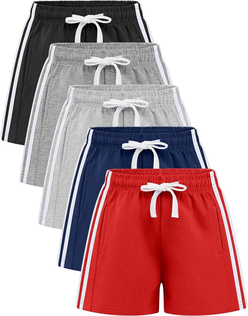 Cooraby 5 Pack Toddler Boys Cotton Shorts Summer Casual Soccer Basketball Shorts with Pockets Drawstring for Athletic Running