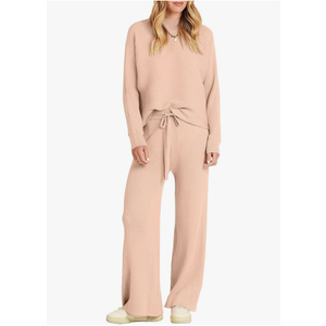 ANRABESS Women's Two Piece Outfits Crop Top Wide Leg Pants Cozy Knit Sweater Lounge Sets 2024 Fall Trendy Travel Clothes, Size L