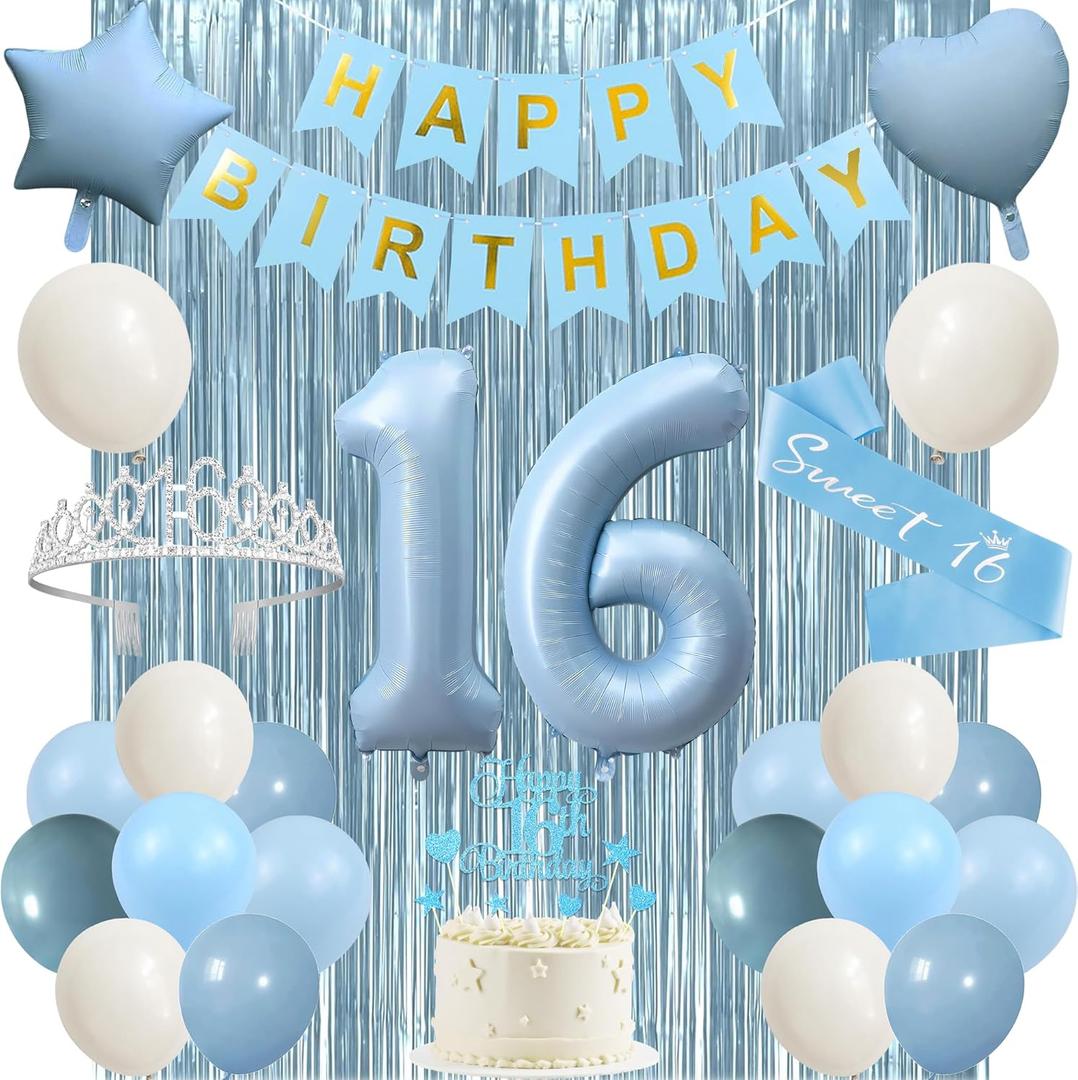Trgowaul Sweet 16th Birthday Decorations for Girls, Light Blue 16th Birthday Party Supplies, Banner, Sash and Crown, Cake Topper, 16 Number Balloon, Fringe Curtains, 16 Years Old Party Decorations Kit