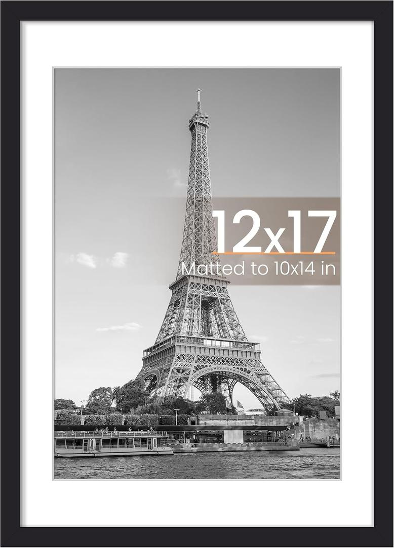 Upsimples 12x17 Picture Frame, Display Pictures 10x14 with Mat or 12x17 Without, Wall Hanging Photo Frame, Black, 1 Pack