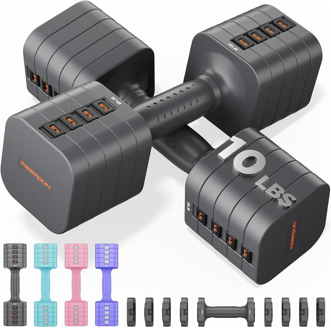FEIERDUN 5-in-1 Adjustable Dumbbell Set of 2, 20LBS/ 10LBS Hand Weights for Women, 1s-Adjust Dual-Stable Dumbbell Set for Women Home Gym & Outdoor (10LBS Pair (20LBS Total))