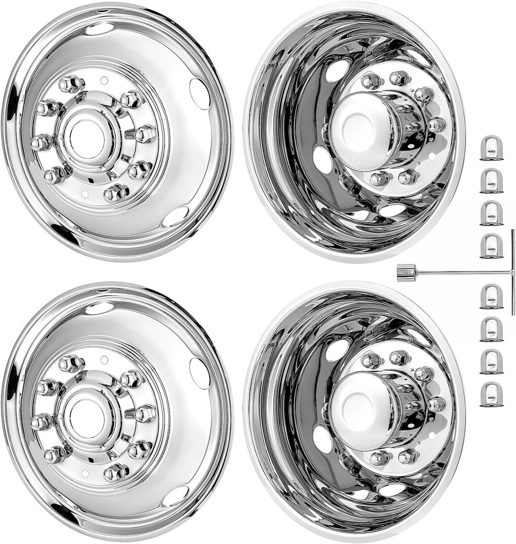 19.5" Hubcaps 10 Lug Stainless Steel, 19.5 Wheel Simulators Polished Surface, 2Pcs Front Wheel and 2Pcs Rear Wheel, Bolts On Wheel Cover Set Compatible with Ford 2005-2025 F450/F550