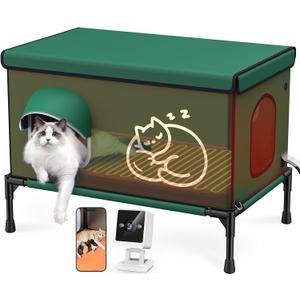 Heated Outdoor Cat House with Camera, 100% Waterproof & Insulated Cat Shelter for Winter, Escape Door for Safety, for Feral Stray & Barn Cats (Green)