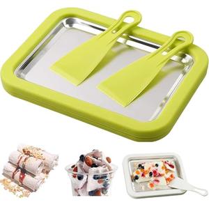 Rolled Ice Cream Maker Kit, At-Home Rolled Ice Cream Machine with Instant Freeze Tray & 2 Scrapers, DIY Homemade Rolled Ice Cream Tray for Kids & Adults, Stainless Steel Frozen Dessert Maker (Green)
