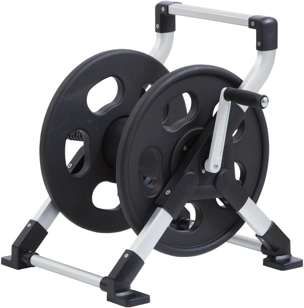 Liberty Garden 306 Explorer - Carrete de manguera para montaje en suelo o pared, aluminio, con capacidad para 150 pies de manguera de 5/8 pulgadas, plata/negro