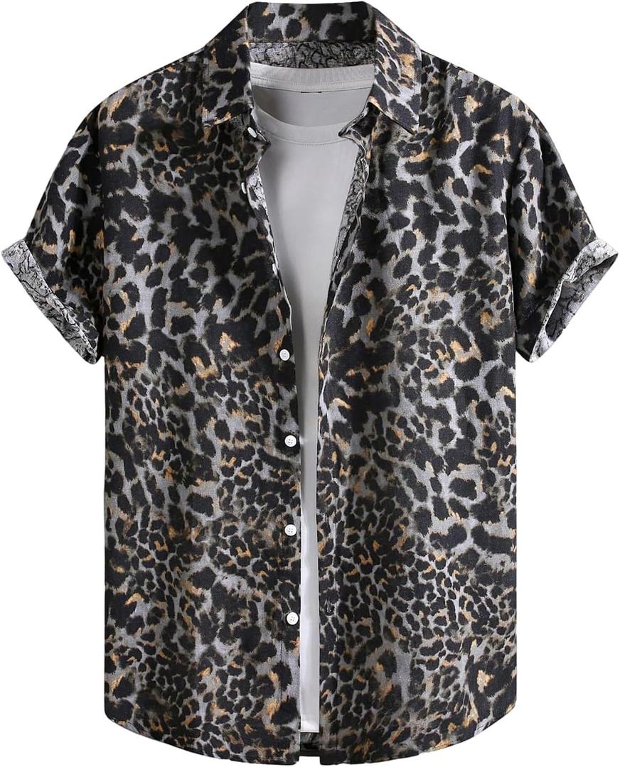 RoseSeek Men's Retro Leopard Button Down Shirts Collared Short Sleeve Summer Shirt Y2K Tops XXL