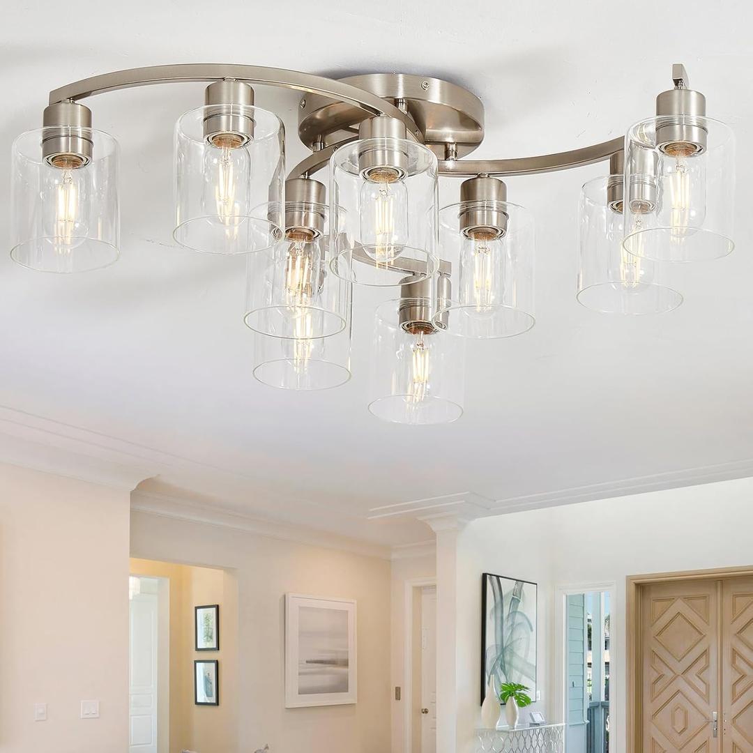 Brushed Nickel Bedroom Ceiling Light Fixtures, 9-Light Semi Flush Mount Ceiling Light with Clear Glass Shade for Kitchen, Living Room, Foyer, Entryway