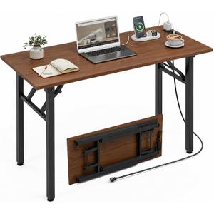 XBurmo Small Folding Desk Folding Table, No Assembly Foldable Desk Gaming Desk, 43.3-Inch Computer Table Workstation with 2 AC Outlets and 2 USB Ports for Bedroom and Home Office, Dark Walnut, 43.3 x 19.6 Inch