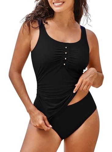Sovoyontee Womens Tankini Bathing Suits Two Piece Tummy Control Swimsuits Ruched Tank Top with Bikini Bottom Black, 2XL