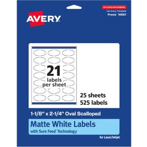 Avery Matte White Oval Scalloped Labels, Sure Feed Technology, 1-1/8" x 2-1/4", 525 Matte White Printable Labels