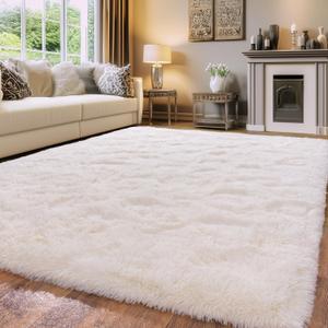 White Fluffy Rug for Bedroom 8x10 ft Large - Ultra Soft & Non Slip Shaggy Area Rug, Comfy Durable Carpet for Living Room Kids Room Teens Dorm Home Decor, 1.7'' Thick Indoor Plush Carpets