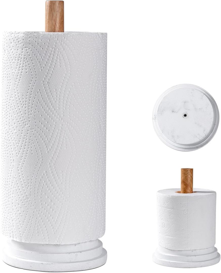Marble White Standing Paper Towel Holder for Kitchen Countertop,Toliet Paper Roll Holder for Bathroom with Weighted Resin Base and Sturdy Wood Stand,for Standard or Plus Rolls, Height-Adjustable