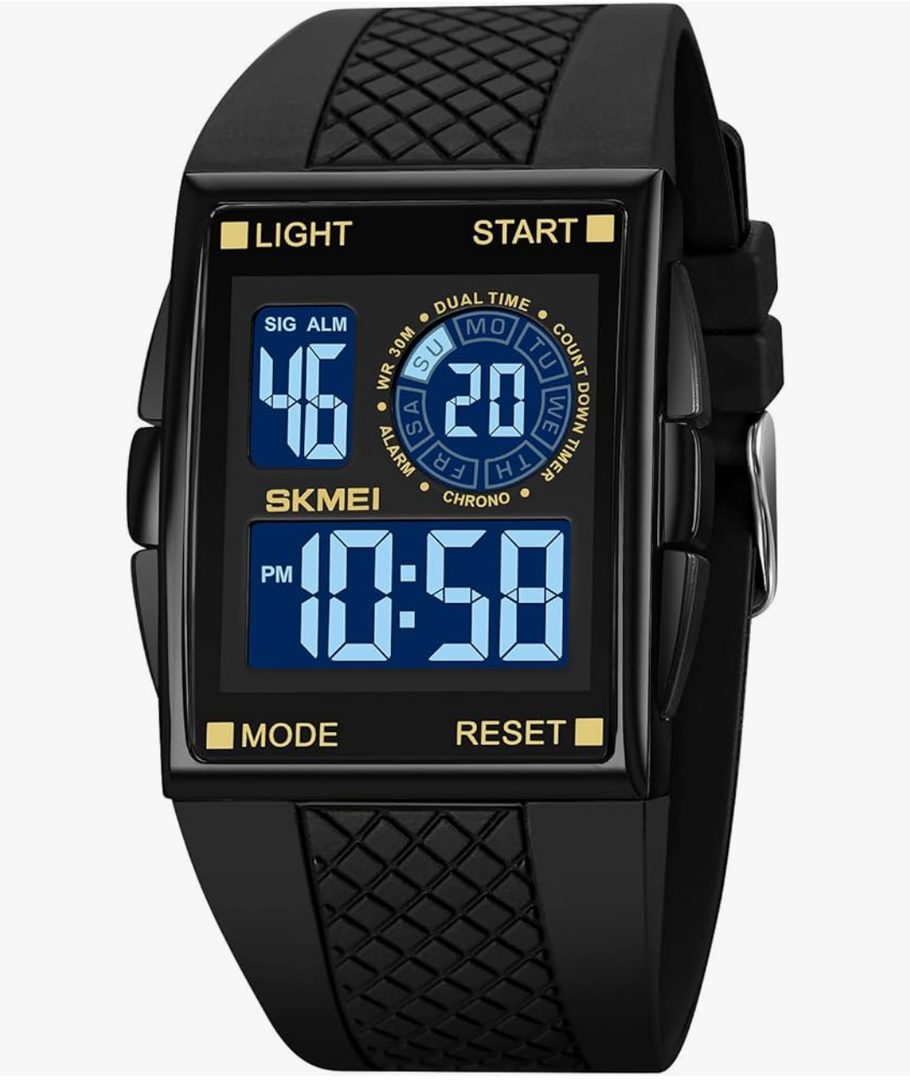 FANMIS Men's Rectangle Dial Sports Wrist Watches with 7 Colors Optional LED Backlight Multifunctional Alarm Stopwatch 12/24H Rubber Strap Watch