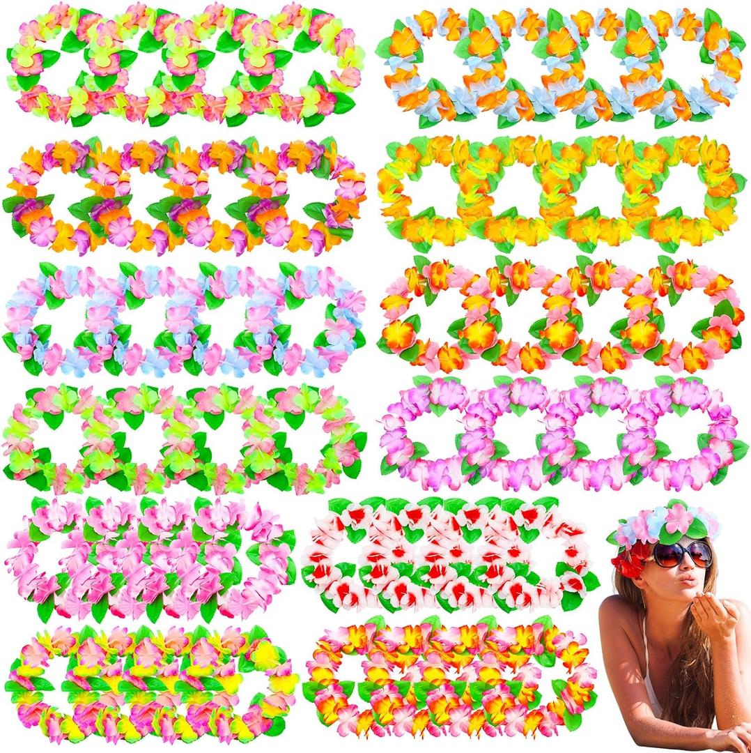 48 Pcs Luau Tropical Hawaiian Headband Floral for Summer Beach Holiday Birthday Pool Party Decorations Favors Supplies, 12 Colors