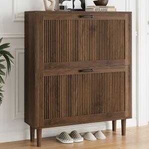 Smuxee Walnut Shoe Cabinet with 2 Flip Drawers, 31.5" Hidden Shoe Storage Cabinet with Small Fluted Doors, Freestanding Shoe Organizer Cabinet for Entryway, Hallway, Living Room