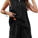 Womens Two Piece Short Sets Summer Linen Lounge Sets Sleeveless Tank Top and Elastic Waist Shorts With Pockets, XL