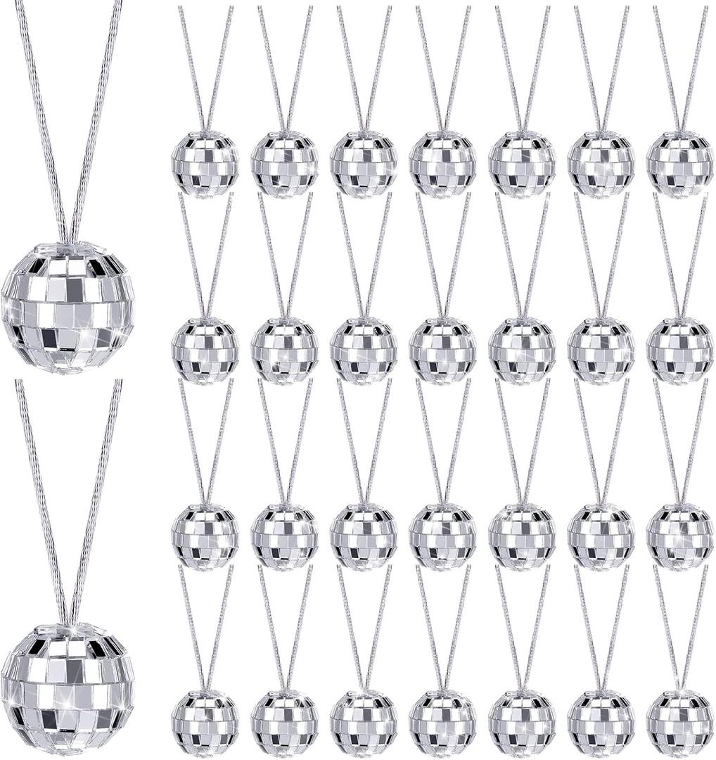 Sureio 30 Pcs Disco Ball Necklaces Bulk Mirror 70s Disco Party Necklaces 1.18 Inch Mini Silver 70s Jewelry Party Decorations for Halloween Festivals Stage Costume Accessories