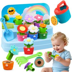 Montessori Toys Flower Garden Toy Set with Watering Can, Shovel, Rake, Color & Shape Sorter Toy, Educational Activity Preschool Learning Toys, Gift for Baby Toddler Girls 1 2 3 4 Year Old 10 PCS