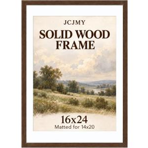 JCJMY 16x24 Solid Wood Picture Frame with 14x20 Mat, Walnut Finish 16 by 24 Photo Frame with Shatter Resistant Plexiglass, Display 14 x 20 with Mat or 16 x 24 without Mat, Wooden Frame for Wall or Tabletop Display, Walnut, 1 Pack