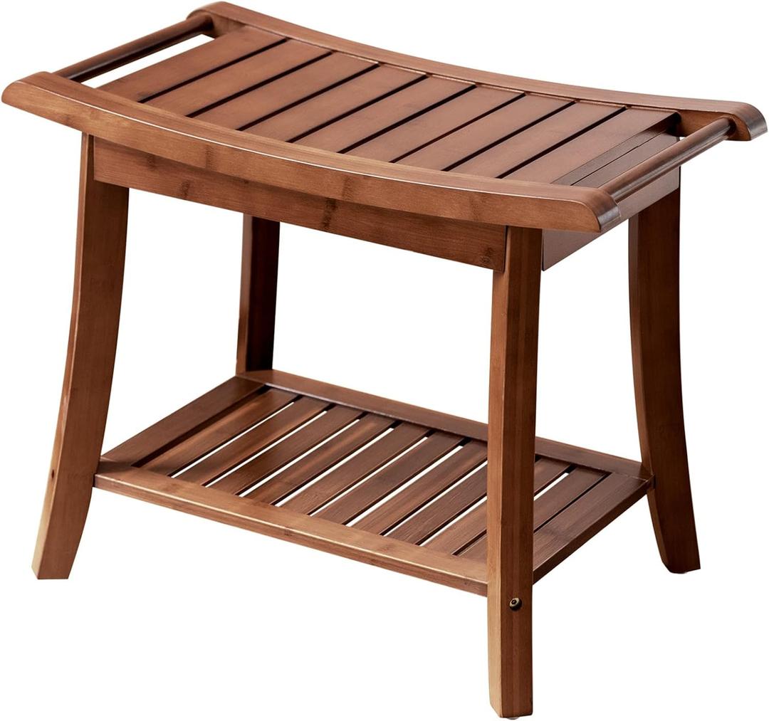 Forevich Bamboo Shower Bench Stool with Storage Shelf Waterproof Shower Chair Spa Bath Seat Excellent for Indoor Use Chestnut Brown (23.7 x 15.1 x 18.4 inches Chestnut Brown)
