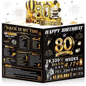 80th Birthday Cards for Women Men, 3D Pop Up 80th Birthday Gift Ideas for Grandma Mom Dad, Funny 80 Year Old Birthday Decorations for Husband Wife Parents Him Her, Jumbo Back In 1946