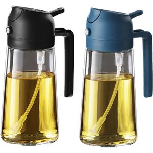 TrendPlain 16oz/470ml Glass Olive Oil Sprayer for Cooking - 2 in 1 Olive Oil Dispenser for Kitchen Gadgets, Air Fryer, Salad, and BBQ - Black & Navy
