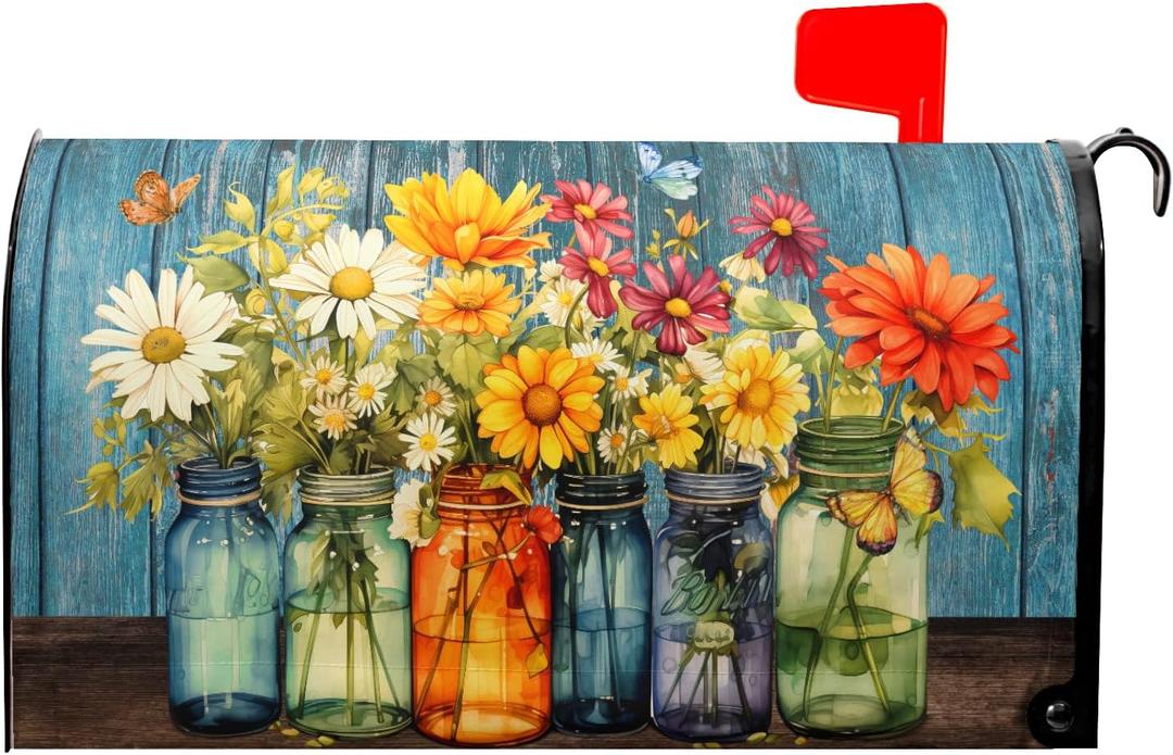 Farm Fresh Colorful Flowers Spring Mailbox Covers Magnetic Standard Size 18" X 21",Blue Rustic Mailbox Wraps Post Letter Box Cover for Holiday Garden Yard Decor