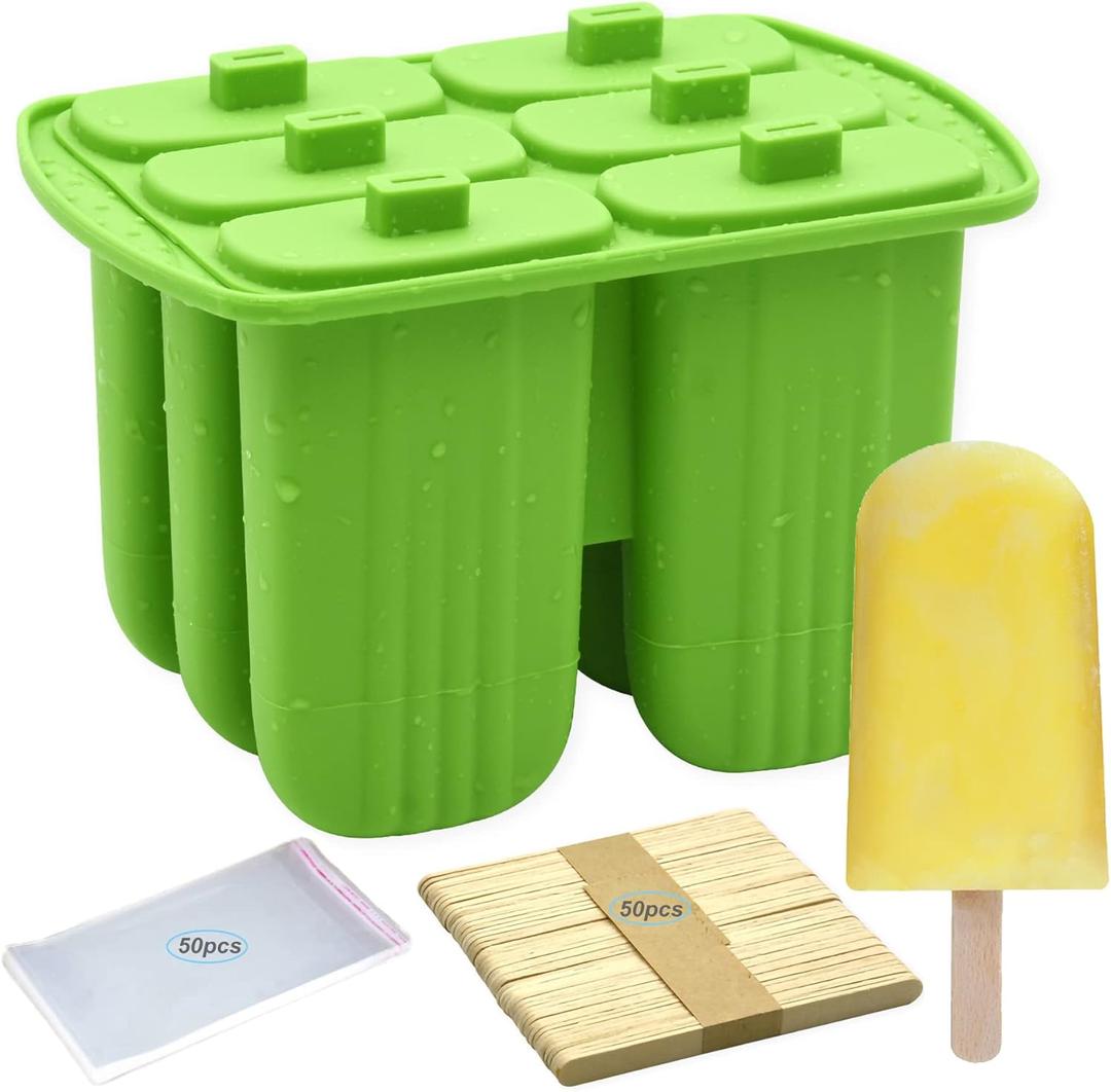 Bangp Popsicle Molds,6 Pieces Popsicles Molds Silicone BPA Free,Homemade Popsicle Maker,Reusable Easy Release Ice Pop Molds for Kids Adults,with 50 Popsicle Sticks and 50 Popsicle Bags(Green)
