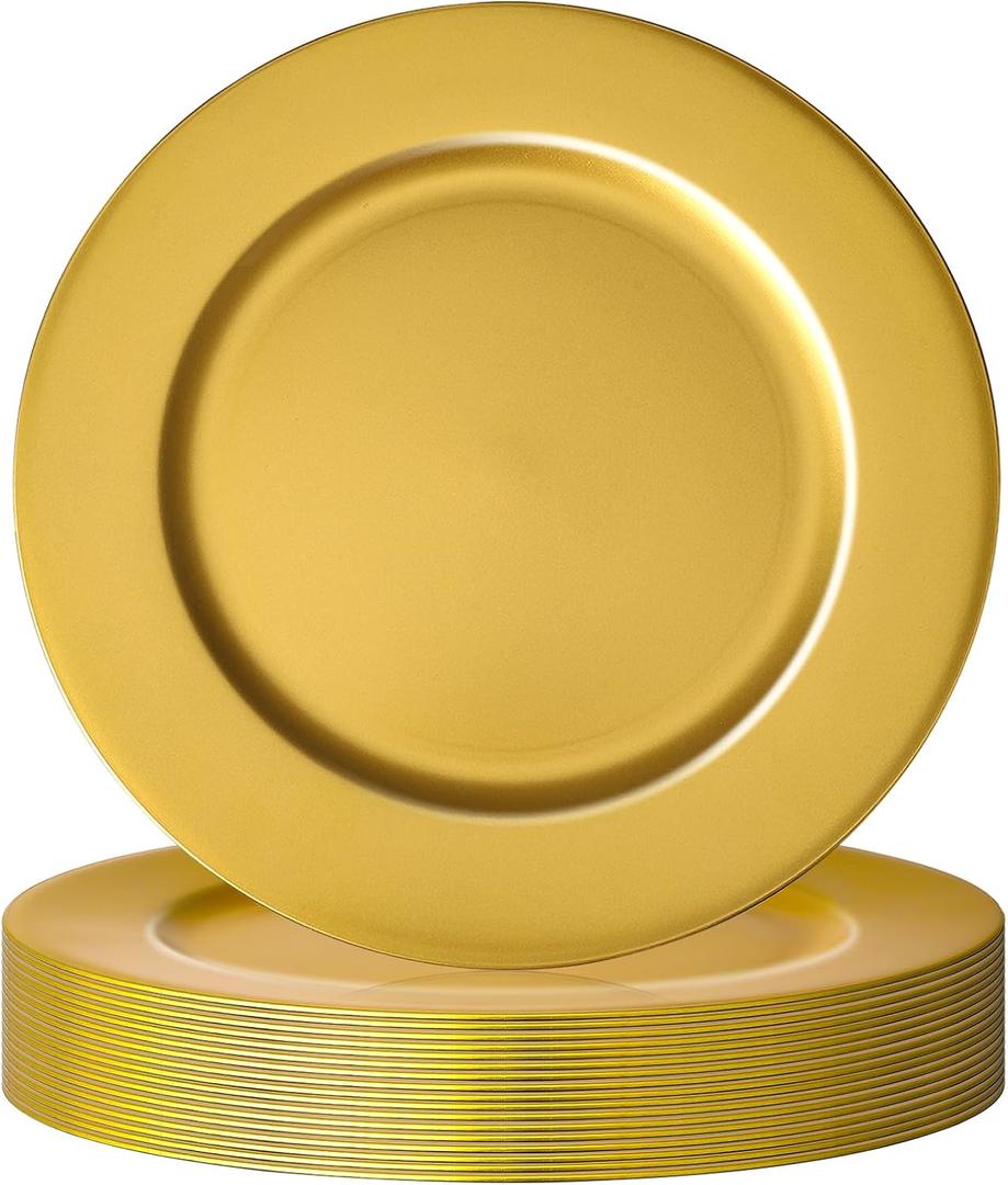 18 Pcs Golden Charger Plates Bulk,13 Inch Plastic Gold Charger Plates Dinner Round Tray Charger Tableware Dish for Table Setting Wedding Holidays Party Decor (Gold 1)