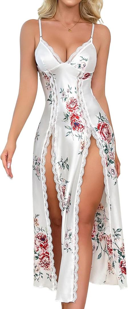 CRIPOM Silk Lingerie Dress for Women Long Sexy Nightgowns for Women Lace Chemise with Thong 2 Piece S-XXL
