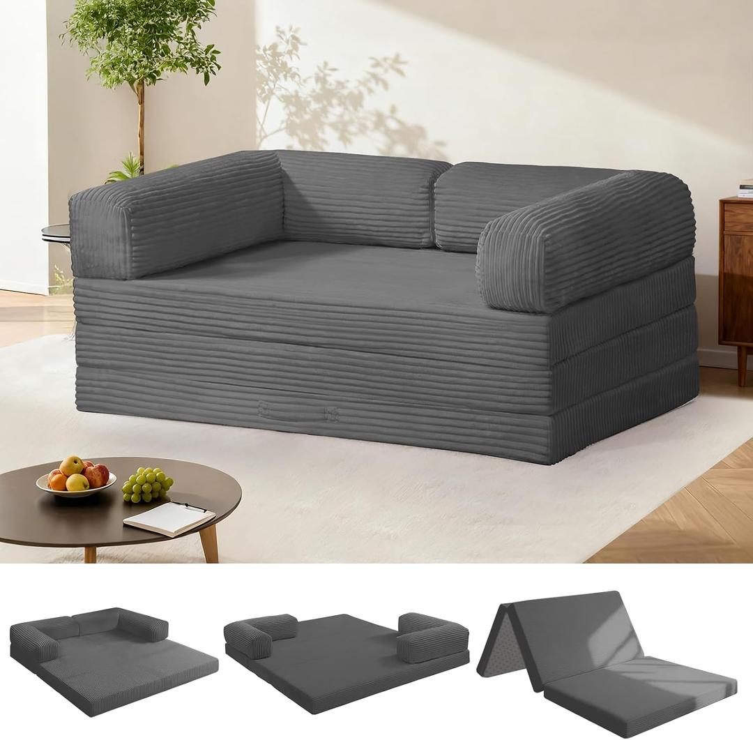 Tri-Fold Foldable Mattress, Convertible Folding Sofa Bed with Removable Arms & Washable Cover, All-in-One Portable Mattress Floor Sofa Bed, No Assembly Required & Non-Slip, Full Size, Grey