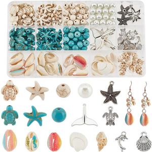 PH PandaHall 208pcs 15 Styles Summer Beach Beads Sea Shell Beads Sea Star Pendants Tortoise Charms Ocean Animal Spacer Beads for Bracelets Earrings DIY Jewelry Making Home Decor Macrame (Beige)