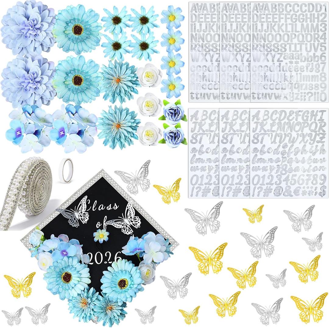 Wavwavw 53 Pcs DIY Graduation Cap Decorations Kit, 2026 Grad Cap Topper Include Faux Flowers 3D Butterfly Self Adhesive Pearl Stickers Glitter Alphabet Letter Decals for Party Decor(Light Blue)