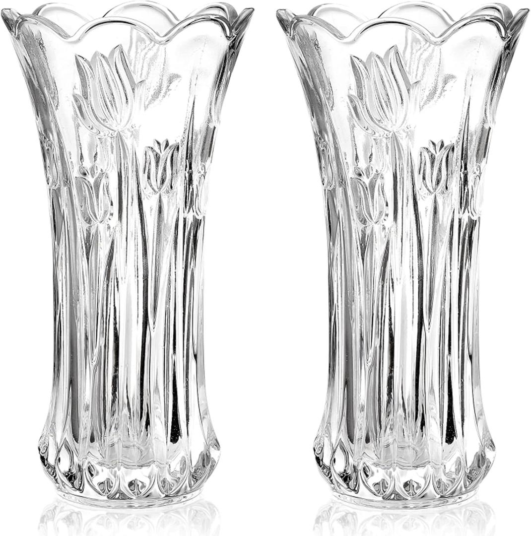 Dicunoy Set of 2 Glass Flower Vase, 9.5" Large Flower Vases for Centerpieces, Modern Clear Heavy Duty Crystal Tall Cylinder Flared Vase for Rose Bouquet, Home, Wedding, Living Room, Office