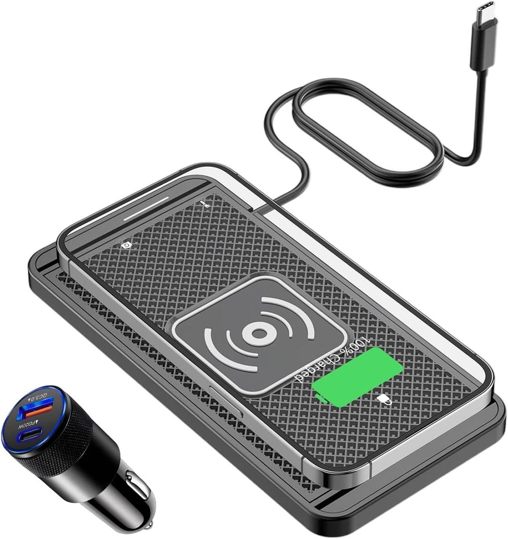 Wireless Car Charger Pad 15W Fast Wireless Cell Phone Charging Pad - Non-Slip Wireless Charging Pad with 40" Cable for iPhone 16 15 14 13 12 Series - Samsung Galaxy S24 Ultra S23 S22 (Type-C)