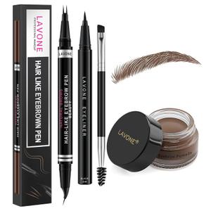 LAVONE Hair-Like Eyebrow Pen Makeup kit, Eyebrow Pencils for Women with Waterproof Microblading Eyebrow Pencil, Eyebrow Pomade, Eyeliner and Eyebrow Brush, Create Full, Natural Brows, Dark Brown