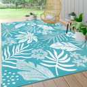 Pauwer Waterproof Outdoor Rug 9x12, Reversible Plastic Straw Patio Camping Rug, Indoor Outdoor RV Mat Carpet for Deck, Camper, Porch, Balcony, Backyard, Picnic, Floral Teal