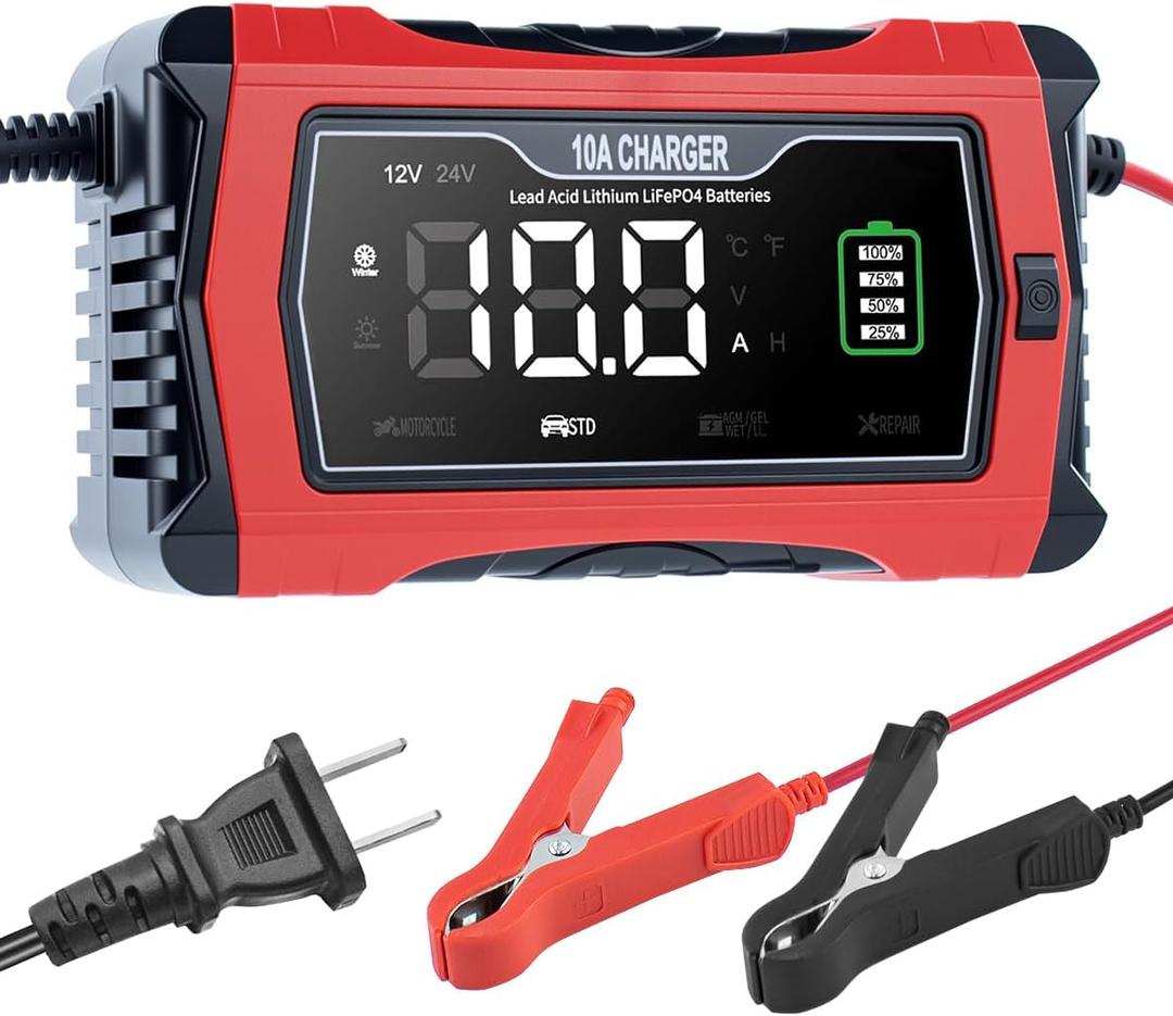 Smart Battery Charger 10A 12V & 24V, Trickle Charger, Battery Maintainer and Desulfator, for Lithium,LiFePO4,Lead Acid (AGM/Gel/SLA..), for Car Motorcycle Lawn Mower