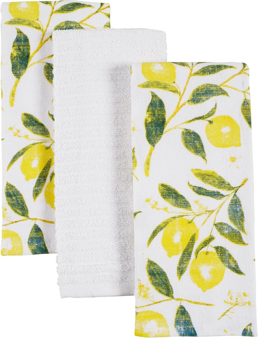 KAF Home Pantry Set of 3 Reverse Terry Print Kitchen Towels, Over-Sized 16 x 28-inch, 100 Percent Cotton (Lemons)