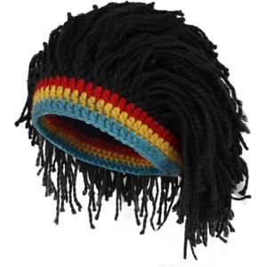 Knit Jamaican Hat with Black Dreadlock Hair for Men & Women Cosplay Costume Rasta Hat with Black Dreads for Men+Wig Cap
