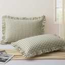 KKJIAF 2 Pcs Plaid Ruffle Pillow Case Queen Size, Cotton Gingham Ruffled Euro Sham Pillow Covers 20x30 Inch, Linen Feel Plaid Bed Pillow Shams with Envelope Closure for Sofa Bed (Sage Green Plaid)
