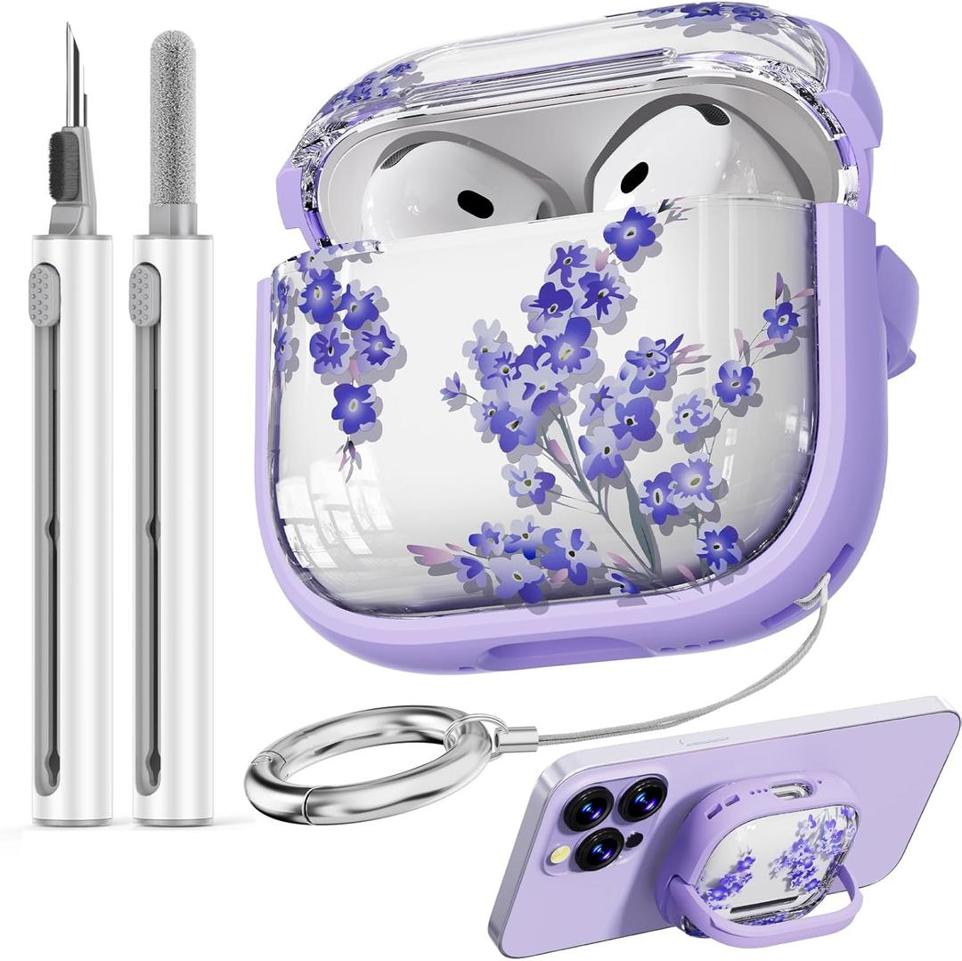 Inesore with Safety Lock for AirPods 4 Case,Clear Floral Cute AirPod 4th Generation Case for Women Girly with Cleaner Kit and Keychain- Purple Bell Flower