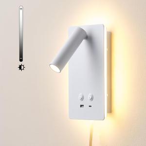 LED Wall Lamp Wall Mounted Reading Lights with 3 Brightness Dimmable, Adjustable Headboard Plug in Wall Sconce with USB C+A Ports, Bed Side Lamp with 9W+3W Night Light 3000K