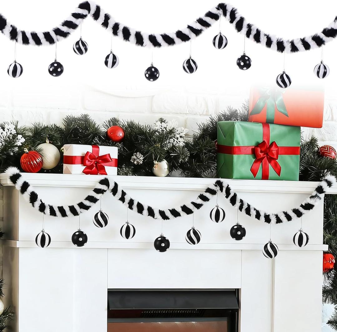 Black and White Christmas Garland Decorations Sandworm Faux Fur Ribbon Trim with 10 Hanging Xmas Ball Ornaments Furry Plush Strips Banner for Fireplace Mantel Wall Indoor Outdoor Home Decor