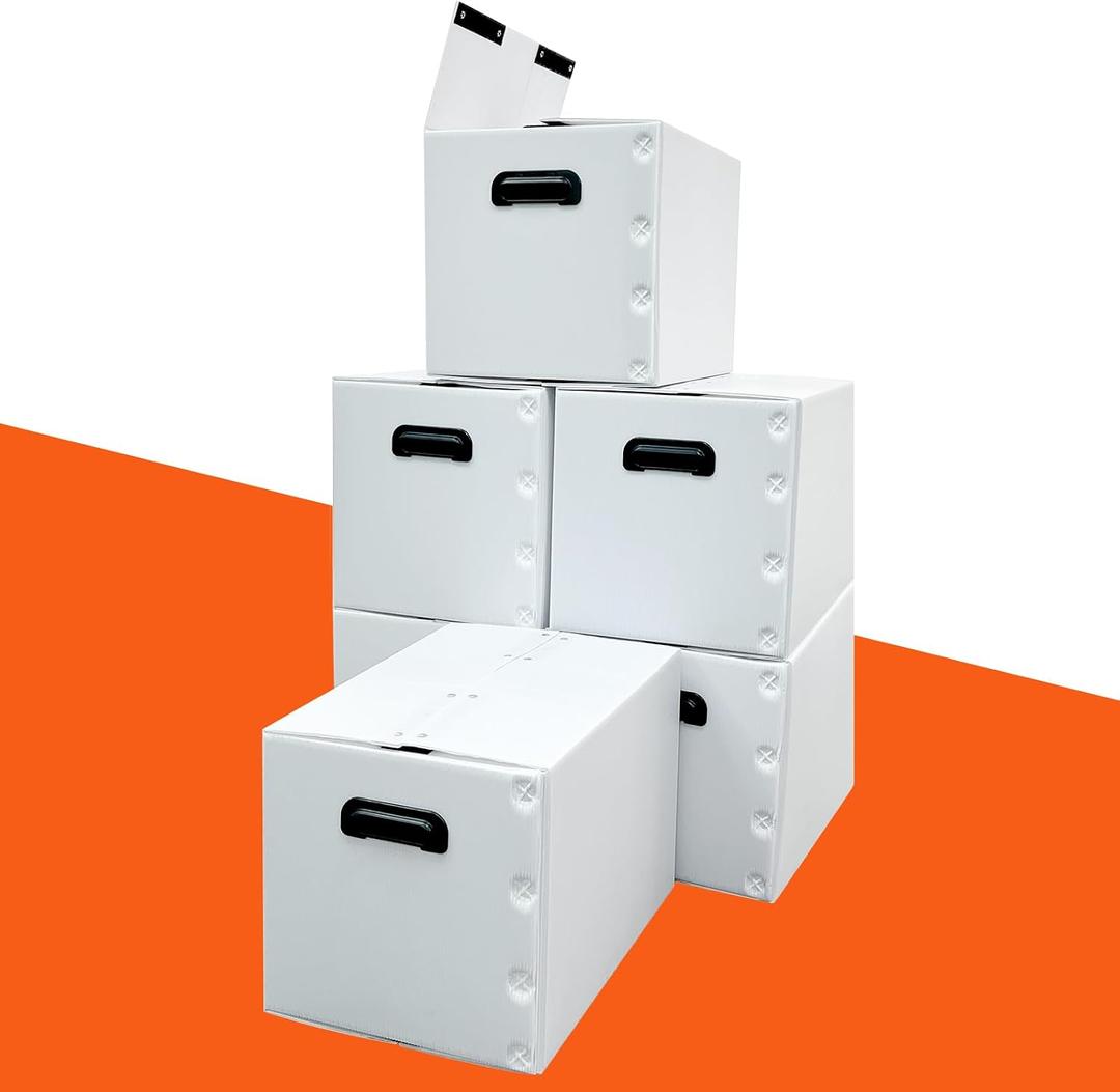 plastic storage bins with lids containers,38qt(15.8"x11.8"x11.8") 6pack,collapsible moving boxes with handles stackable storage bins,Double-layer hollow shock-absorbing material,white